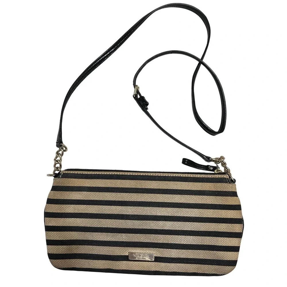 Kate Spade Villabella Ave. Celina‎ Striped Bow Wristlet Clutch Black Tan Patent